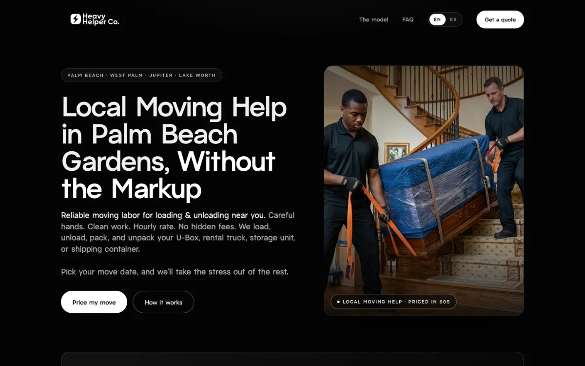 Heavy Helper & Co. homepage hero: local moving help in Palm Beach Gardens, without the markup